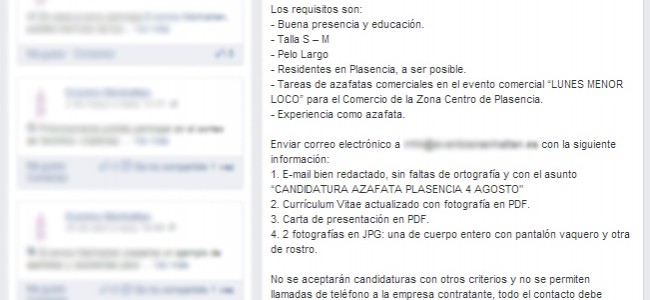 Oferta de empleo discriminatoria: azafatas con talla S-M y pelo largo. Adjuntar una foto de cuerpo entero Oferta de empleo discriminatoria: azafatas con talla S-M y pelo largo. Adjuntar una foto de cuerpo entero